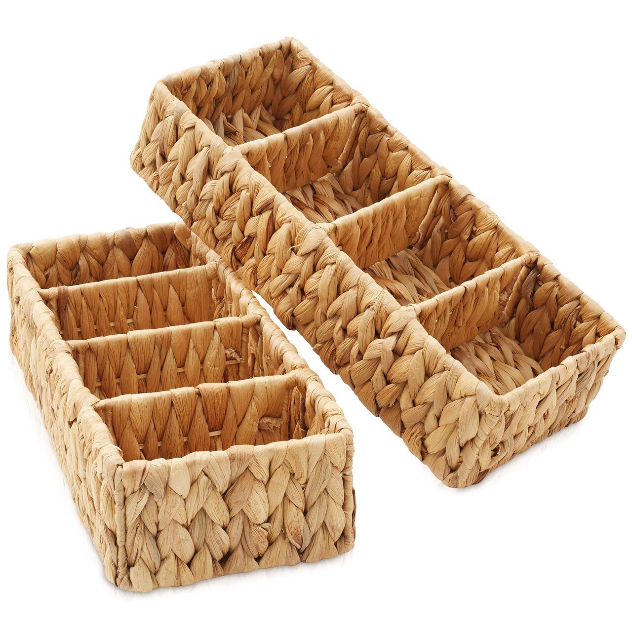 Casafield Set of 2 Water Hyacinth Divided Basket Organizers - Woven Bins for Bathroom, Bedroom, Laundry, Pantry, Shelves